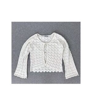 Ivory Pointelle Knit Tie Front Cropped Cardigan Shrug Medium Boho Coquette Indie